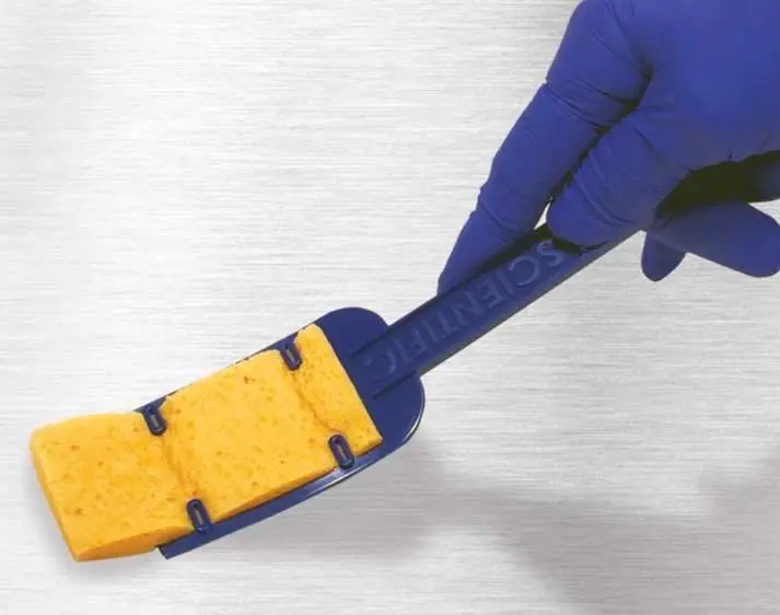 Kleiner Schwamm wird von Hand in Gummihandschuh gehalten