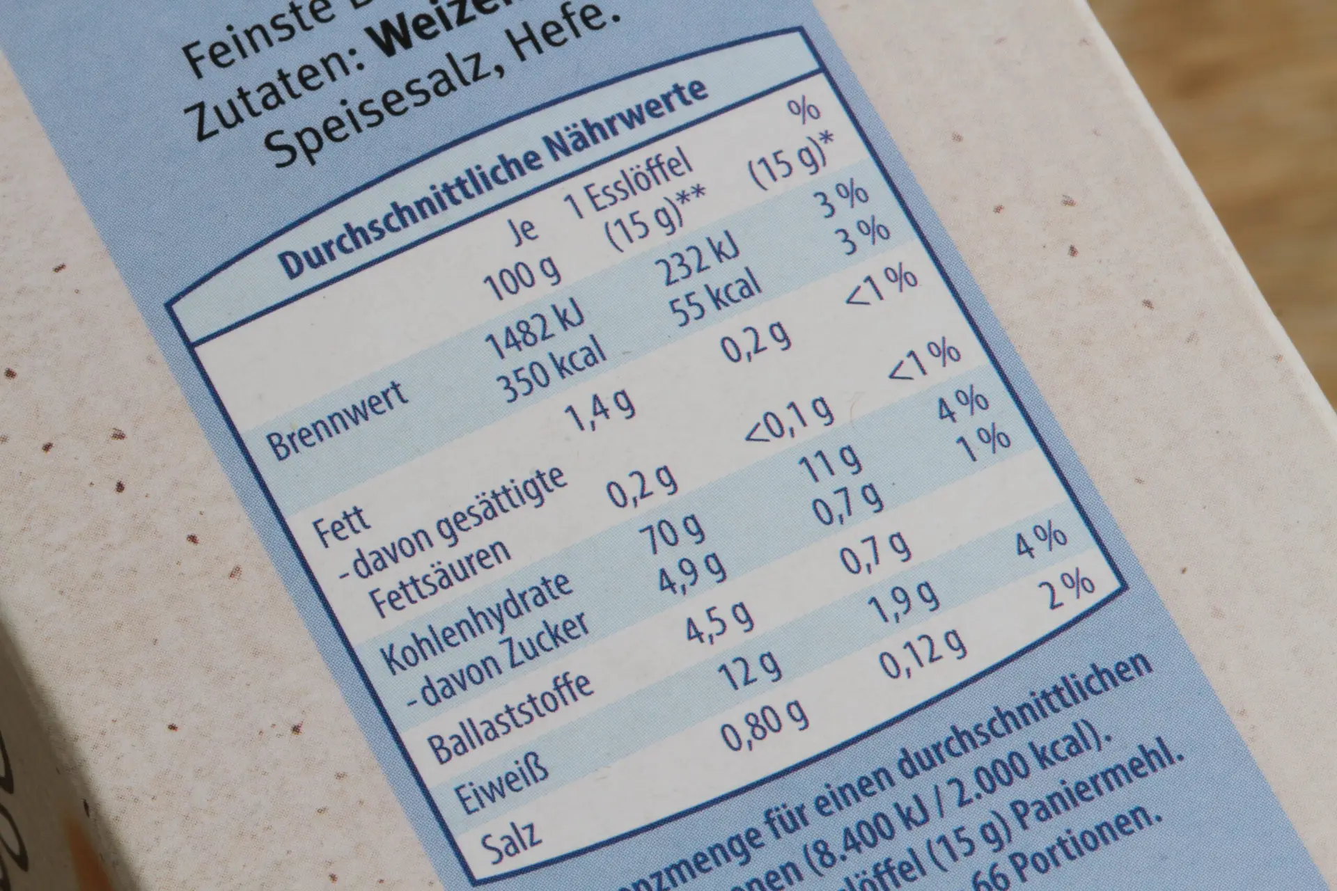 Eine Nahaufnahme einer deutschen Nährwerttabelle auf einer Lebensmittelverpackung mit Angaben zu Brennwert, Fett, Kohlenhydraten, Ballaststoffen, Eiweiß und Salz pro 100 g und pro Esslöffel (15 g).