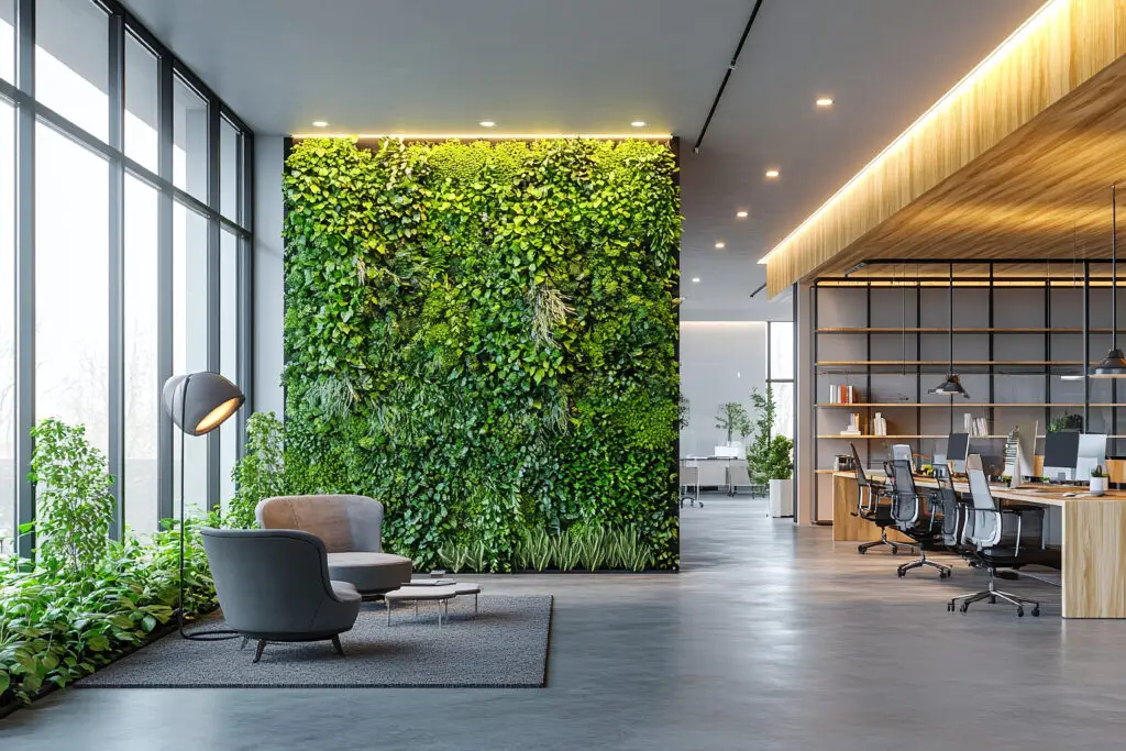 Organic fresh greenery living or office spaces, wall with decorative moss armchairs and table.
