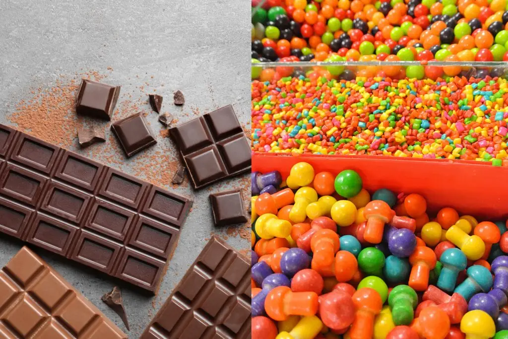Different kinds of chocolate on grey background, flat lay, side by side with an arrangement of candy and sweets.