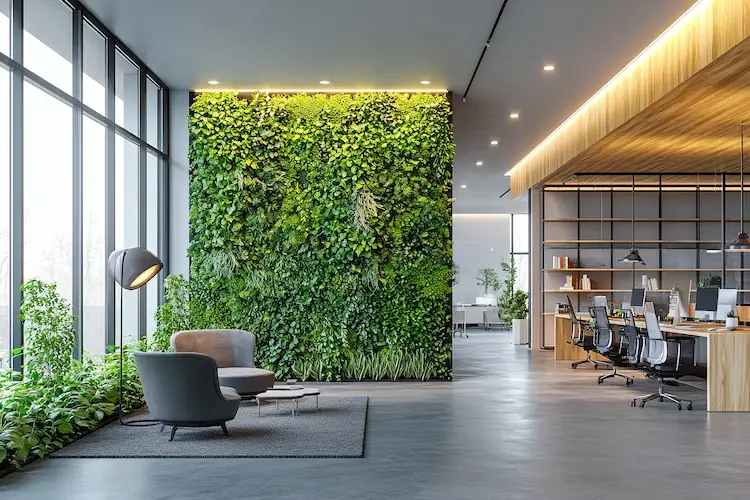 Organic fresh greenery living or office spaces, wall with decorative moss armchairs and table.
